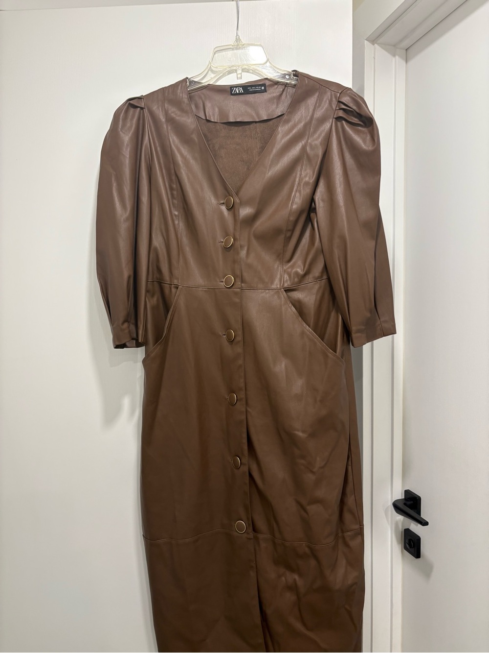 Zara Brown Faux Leather Midi Dress with Puff Sleeves size L